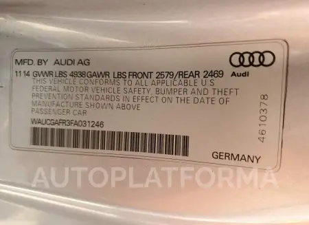 AUDI S5 PREMIUM 2015 vin WAUCGAFR3FA031246 from auto auction Copart