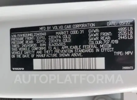 VOLVO XC40 T5 R- 2020 vin YV4162UM6L2340948 from auto auction Copart