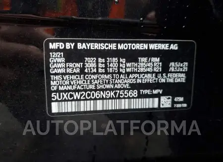 BMW X7 XDRIVE4 2022 vin 5UXCW2C06N9K75568 from auto auction Copart