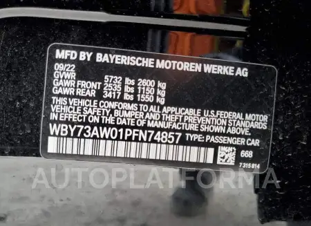 BMW I4 EDRIVE4 2023 vin WBY73AW01PFN74857 from auto auction Copart