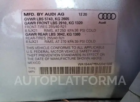 AUDI SQ5 PREMIU 2021 vin WA1B4AFY6M2041589 from auto auction Copart