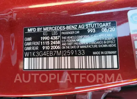 MERCEDES-BENZ A 220 2021 vin W1K3G4EB7MJ259133 from auto auction Copart