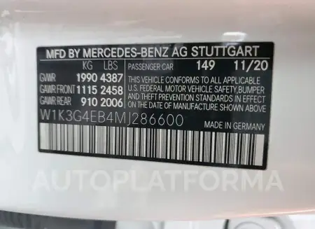 MERCEDES-BENZ A 220 2021 vin W1K3G4EB4MJ286600 from auto auction Copart