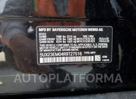 BMW X7 XDRIVE4 2024 vin 5UX23EM04R9T27516 from auto auction Copart