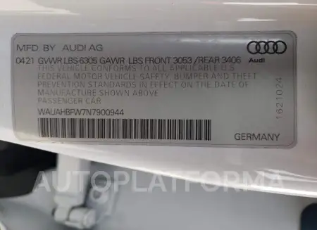 AUDI RS E-TRON 2022 vin WAUAHBFW7N7900944 from auto auction Copart