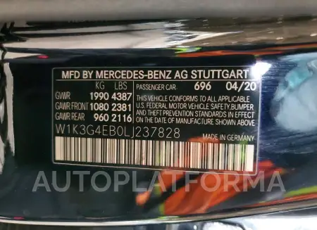 MERCEDES-BENZ A 220 2020 vin W1K3G4EB0LJ237828 from auto auction Copart