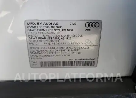 AUDI E-TRON SPO 2022 vin WA12AAGE9NB022047 from auto auction Copart