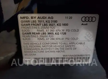 AUDI E-TRON PRE 2021 vin WA1VAAGE0MB017072 from auto auction Copart