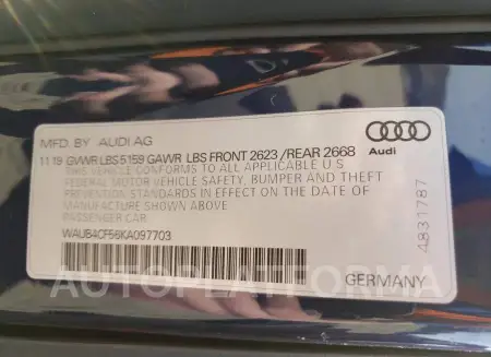 AUDI S5 PREMIUM 2019 vin WAUB4CF56KA097703 from auto auction Copart