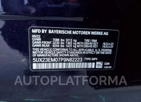 BMW X7 XDRIVE4 2023 vin 5UX23EM07P9N82223 from auto auction Copart