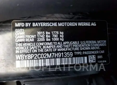 BMW I3 BEV 2021 vin WBY8P2C02M7H91359 from auto auction Copart