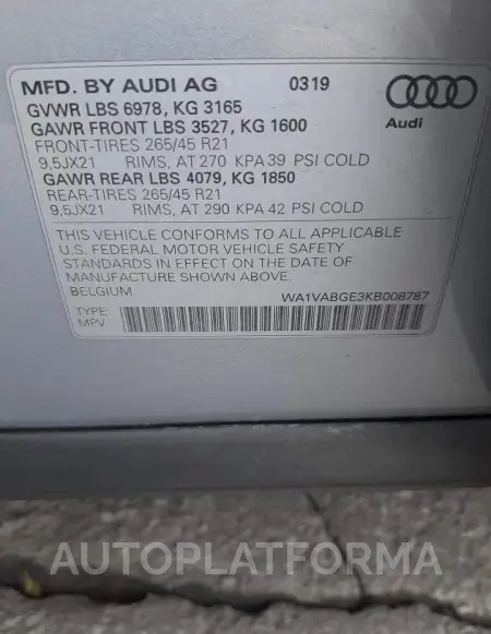 AUDI E-TRON PRE 2019 vin WA1VABGE3KB008787 from auto auction Copart