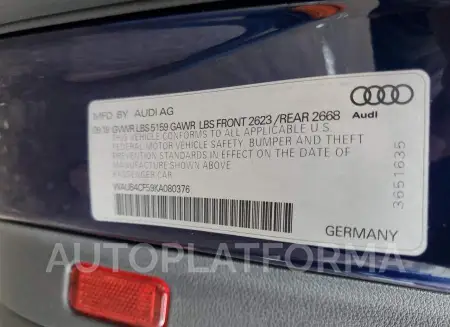 AUDI S5 PREMIUM 2019 vin WAUB4CF59KA080376 from auto auction Copart