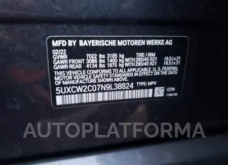 BMW X7 XDRIVE4 2022 vin 5UXCW2C07N9L38824 from auto auction Copart