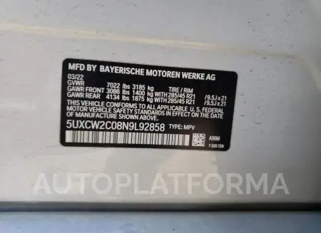 BMW X7 XDRIVE4 2022 vin 5UXCW2C08N9L92858 from auto auction Copart