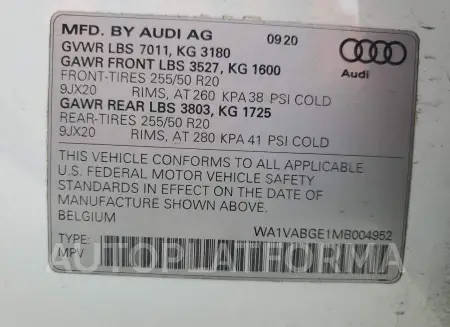 AUDI E-TRON PRE 2021 vin WA1VABGE1MB004952 from auto auction Copart