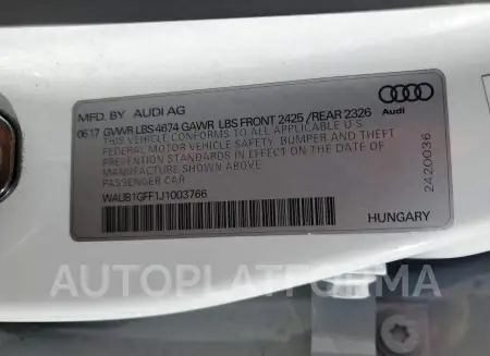 AUDI S3 PREMIUM 2018 vin WAUB1GFF1J1003766 from auto auction Copart