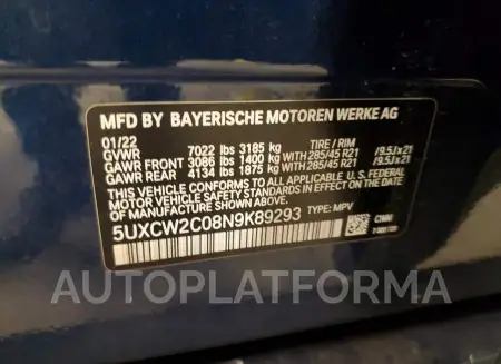 BMW X7 XDRIVE4 2022 vin 5UXCW2C08N9K89293 from auto auction Copart