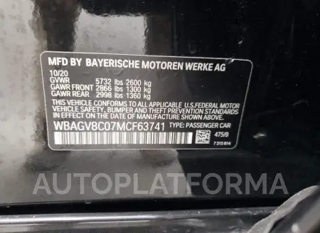 BMW M850XI 2021 vin WBAGV8C07MCF63741 from auto auction Copart