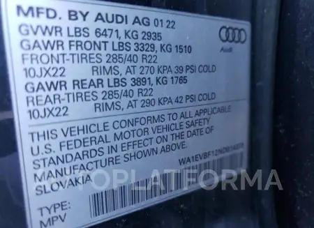 AUDI Q8 PREMIUM 2022 vin WA1EVBF12ND014379 from auto auction Copart