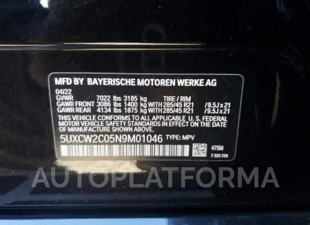 BMW X7 XDRIVE4 2022 vin 5UXCW2C05N9M01046 from auto auction Copart