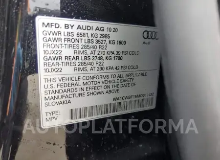 AUDI SQ8 PRESTI 2021 vin WA1CWBF15MD011432 from auto auction Copart