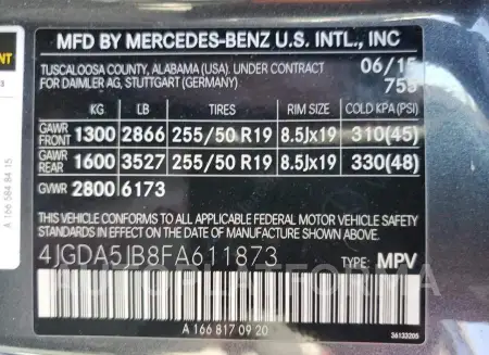 MERCEDES-BENZ ML 350 2015 vin 4JGDA5JB8FA611873 from auto auction Copart