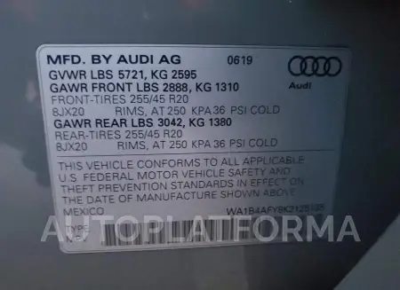 AUDI SQ5 PREMIU 2019 vin WA1B4AFY8K2125135 from auto auction Copart