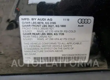 AUDI E-TRON PRE 2019 vin WA1VAAGE3KB024935 from auto auction Copart