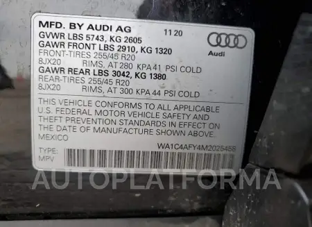 AUDI SQ5 PRESTI 2021 vin WA1C4AFY4M2025458 from auto auction Copart