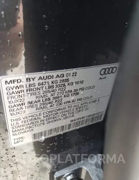 AUDI Q8 PRESTIG 2022 vin WA1FVBF13ND015710 from auto auction Copart