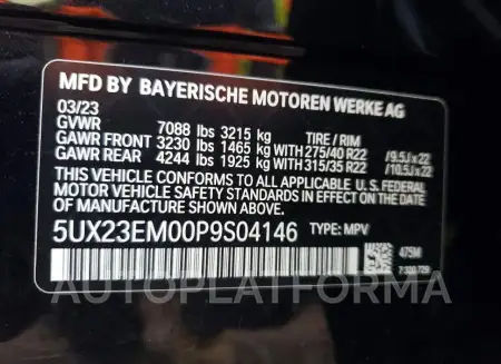 BMW X7 XDRIVE4 2023 vin 5UX23EM00P9S04146 from auto auction Copart