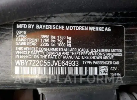 BMW I3 BEV 2018 vin WBY7Z2C55JVE64933 from auto auction Copart