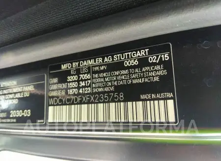 MERCEDES-BENZ G-CLASS 2015 vin WDCYC7DFXFX235758 from auto auction Iaai