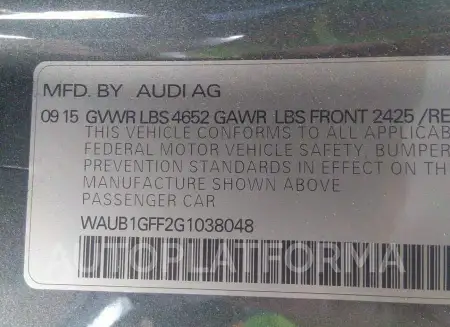 AUDI S3 2016 vin WAUB1GFF2G1038048 from auto auction Iaai