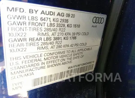 AUDI Q8 2021 vin WA1FVAF13MD009219 from auto auction Iaai