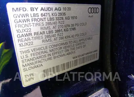 AUDI Q8 2021 vin WA1EVAF10MD014986 from auto auction Iaai