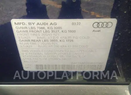 AUDI E-TRON SPORTBACK 2022 vin WA12AAGE6NB031661 from auto auction Iaai