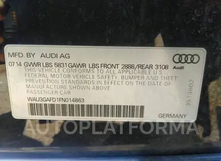 AUDI A8 L 2015 vin WAU3GAFD1FN014863 from auto auction Iaai