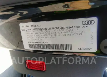 AUDI A7 2021 vin WAUV2AF2XMN046245 from auto auction Iaai