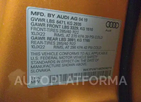 AUDI Q8 2019 vin WA1FVAF14KD036216 from auto auction Iaai