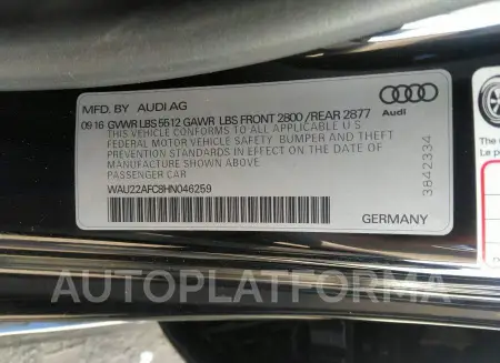 AUDI A7 2017 vin WAU22AFC8HN046259 from auto auction Iaai