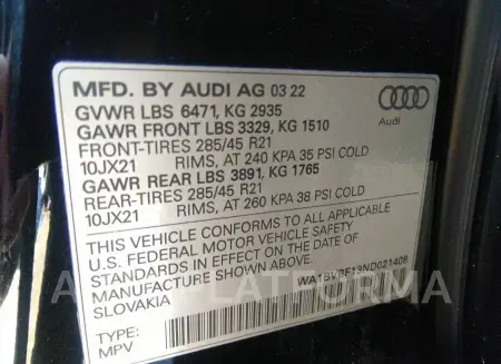 AUDI Q8 2022 vin WA1BVBF13ND021408 from auto auction Iaai