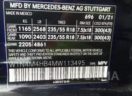 MERCEDES-BENZ GLB 2021 vin W1N4M4HB4MW113495 from auto auction Iaai