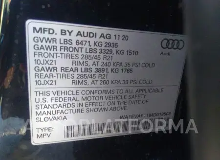 AUDI Q8 2021 vin WA1EVAF11MD019503 from auto auction Iaai