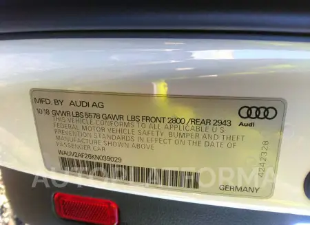 AUDI A7 2019 vin WAUV2AF26KN039029 from auto auction Iaai