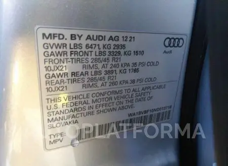 AUDI Q8 2022 vin WA1BVBF10ND013718 from auto auction Iaai