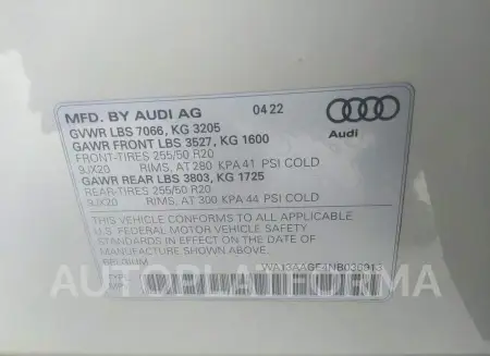 AUDI E-TRON SPORTBACK 2022 vin WA13AAGE4NB036913 from auto auction Iaai