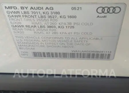 AUDI E-TRON 2021 vin WA1LAAGEXMB041113 from auto auction Iaai