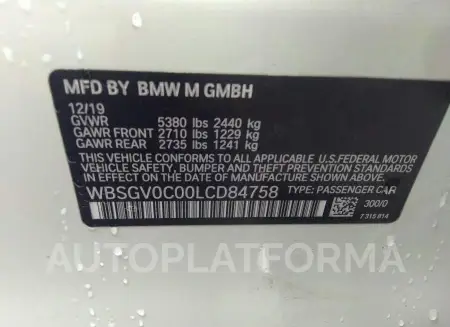 BMW M8 2020 vin WBSGV0C00LCD84758 from auto auction Iaai